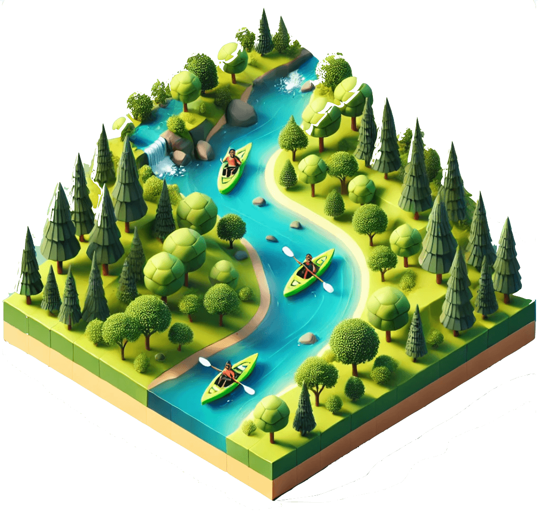 Isometric 3D illustration of kayakers paddling down a winding river through a forest